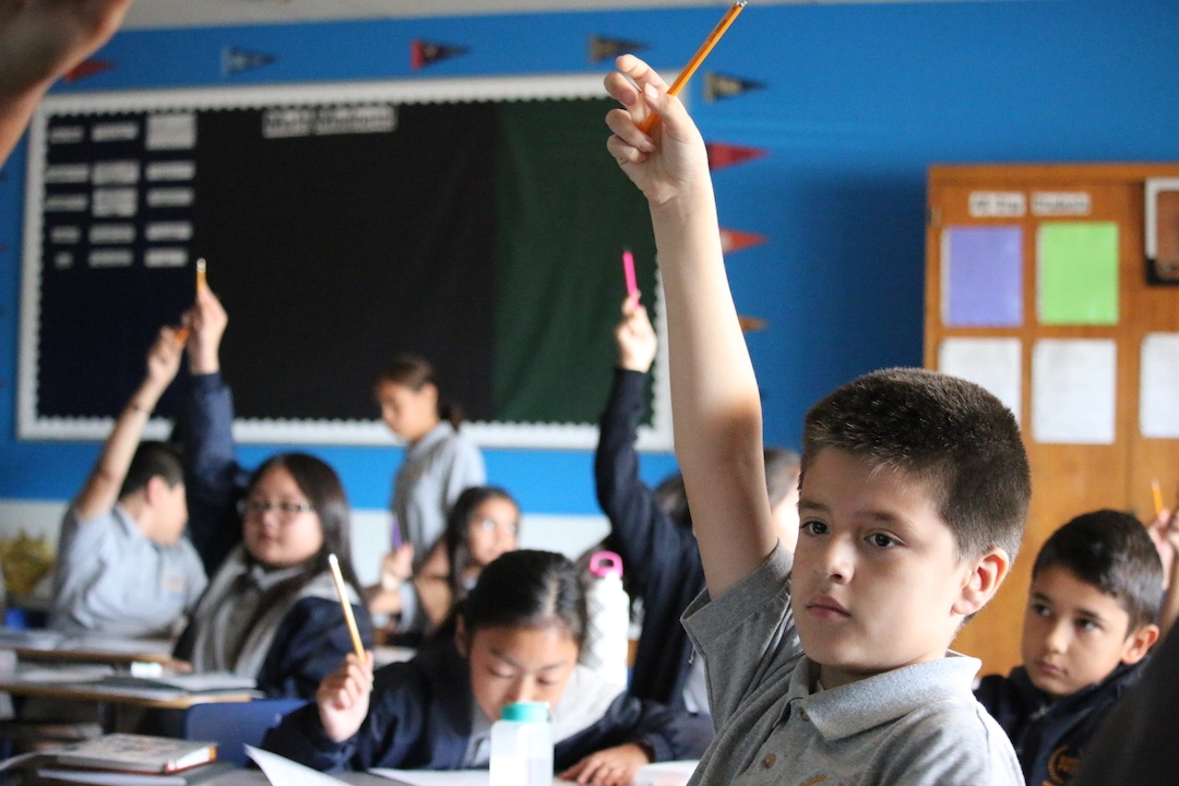 elementary school student raising hand